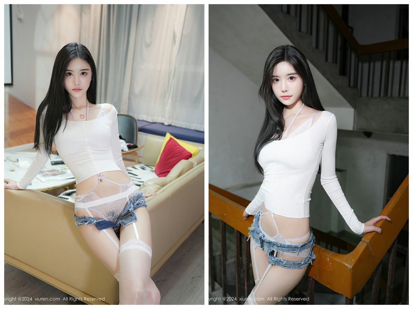 Erikaki 性感蓝色情趣内衣搭配性感诱人白色丝袜，身姿苗条，极致美腿性感动人