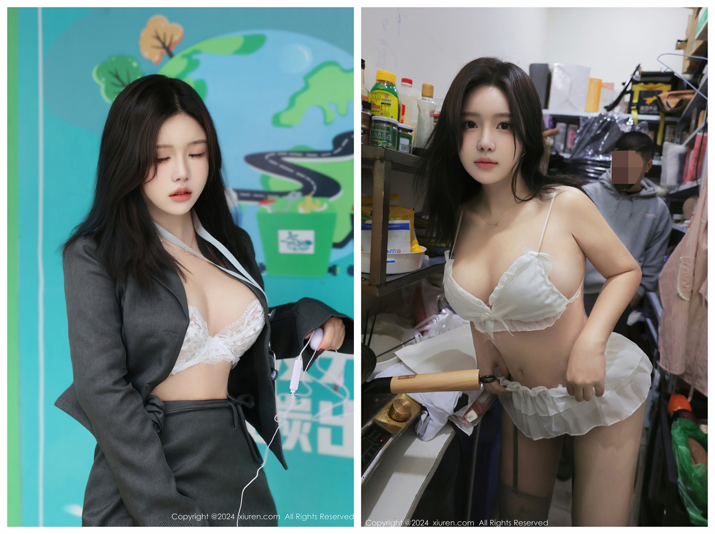 秀人网新人小薯条，性感情趣内衣搭配性感灰色丝袜，面容清秀身材苗条