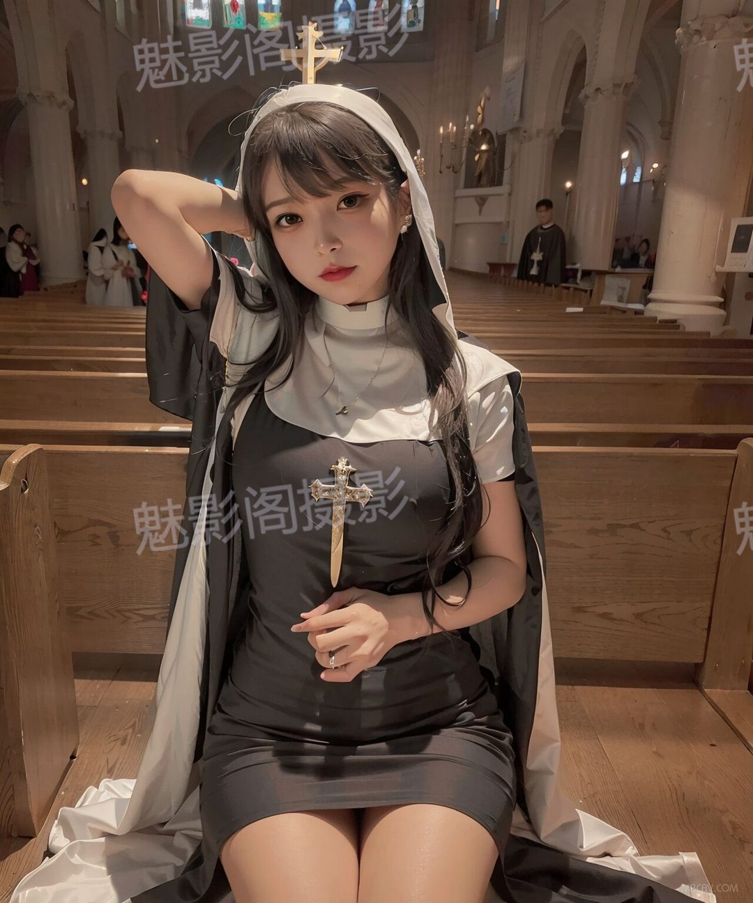 最新 AI 大模型 漫画风格大奶萌妹女仆美女户外写真 教堂场景修女形象反差艺术创作
